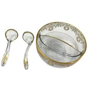 Glass Bowl and 2 Serving Spoons Gold Inlay Floral Divided Serving 3 x 6